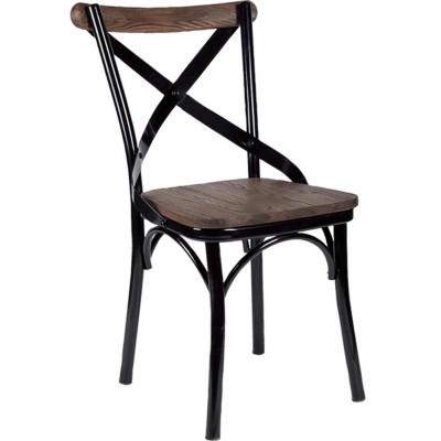 Antique X-back design kitchen restaurant dining cube chair with wooden seat metal cafe chair